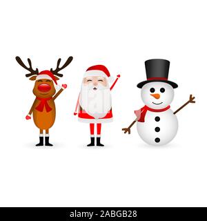 Cartoon funny santa claus, le renne et le Snowman en agitant les mains isolated on white Illustration de Vecteur