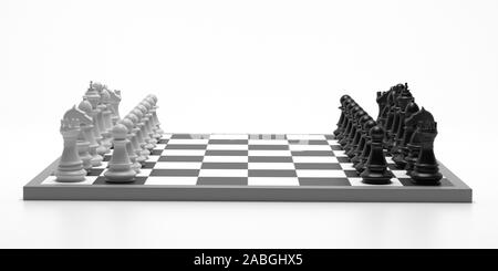 Jeu d'échecs. Pièces d'échecs noir et blanc face à face sur un damier blanc fond isolé contre la couleur, bannière. 3d illustration Banque D'Images
