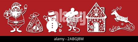 Personnages de Noël set pour la découpe laser. Santa Claus, Rat, Bonhomme, le cerf et le gingembre bead house pour les messages d'accueil. Illustration de Vecteur