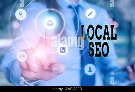 Note de rédaction Seo Local. Concept d'entreprise pour optimiser votre site web pour mieux référencé pour un public local Banque D'Images