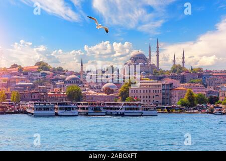 Vue sur le quartier d'Eminonu et la Mosquée de Suleymaniye du Bosphore, Istanbul, Turquie Banque D'Images