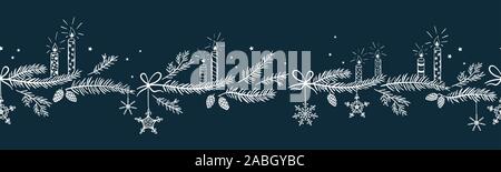 Joli motif transparent horizontal dessiné à la main avec des bougies, des branches et des décorations de Noël - x mas historique, idéal pour les textiles, bannières, fond d'écran Banque D'Images