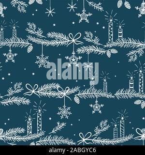 Cute hand drawn seamless pattern avec bougies, branches et décoration de Noël - x mas historique, idéal pour les textiles, des bannières, des fonds d'écran - vector Banque D'Images