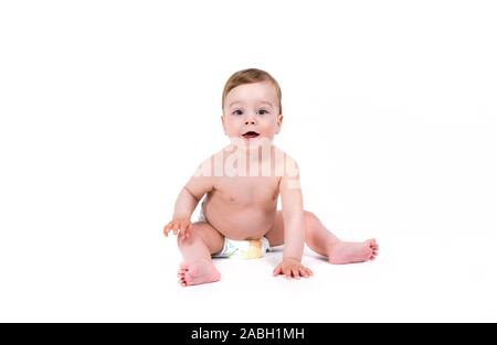 Cute smiling baby. Isolated over white. Banque D'Images