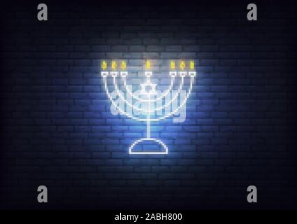 Hanukkah Menorah juive en néon. Décoration pour maison de vacances Chanukkah rougeoyant Illustration de Vecteur