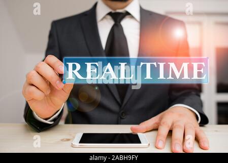 La main conceptuel montrant temps réel. La véritable signification du concept le temps durant lequel un processus ou événements se produit des hommes porter des vêtements formels pr Banque D'Images