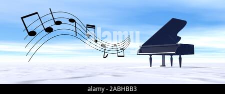 Piano à queue noir classique mélodie à jouer dans la nature d'hiver - 3D render Banque D'Images
