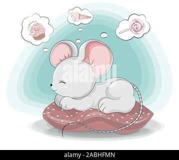 Doux rêves peu sucré, les dents de la souris rat blanc. fille, à propos de la crème glacée, cupcake et Lucette. Photo en Dessin à la main style pour douche de bébé. Salutation Illustration de Vecteur