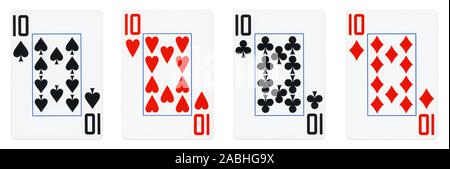 Quatre cartes à jouer isolé sur fond blanc, montrant des dizaines de chaque costume - Coeurs, clubs, bêches et diamants Banque D'Images