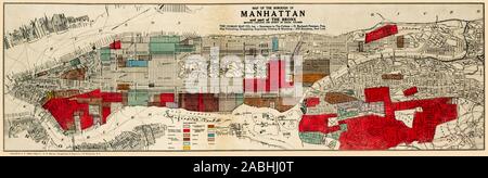 Carte de Manhattan et d'une partie du Bronx montrant l'emplacement des populations raciales publié en 1920, reproduction restaurée. À l'origine, la carte était le produit de la crainte que certains groupes 'non assimilés' puissent avoir des sympathies sédimentaires ('la peur rouge') au moment de la révolution bolchevique en Russie . [Voir aussi une carte similaire de Manhattan]. Cette carte était une édition commerciale basée sur des cartes du gouvernement de l'État produites par le Comité législatif mixte de l'État de New York pour enquêter sur les activités sédimentaires. De nos jours, la carte peut être considérée comme reflétant le patrimoine ethnique et d'immigration de la nation. Banque D'Images