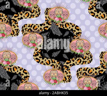 Motif paisley monochrome traditionnelle avec la texture de la peau du crâne, leopard, Polka Dots arrière-plan. - Vector Illustration de Vecteur
