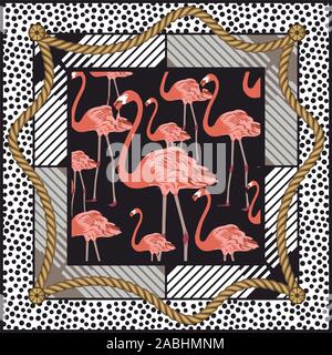 Flamingo dessiné à la main dans l'image. Corde avec des figures géométriques. Châle, bandana, foulard, foulard en soie, imprimer. Arrière-plan de la mode pour le tissu. - Vector Illustration de Vecteur