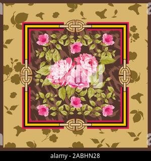 Fond de fleurs colorées, châle, écharpe, bandana, foulard impression numérique, dessins de tissu. La mode femme. Plantes ornementales . - Vector Illustration de Vecteur