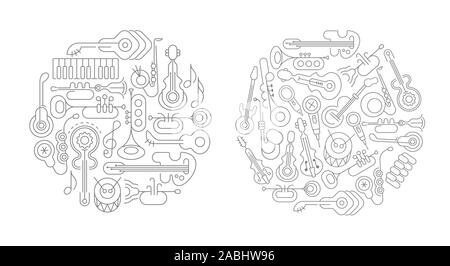 Deux options d'instruments de musique et micros vecteur conception de forme ronde. L'art de la ligne noir isolé sur un fond blanc. Un groupe d'instruments de musique Illustration de Vecteur