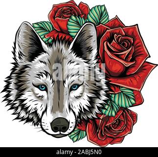 Les broderies du loup et roses. Patch d'aiguille de signer animal romantique sur fond blanc. Illustration de Vecteur