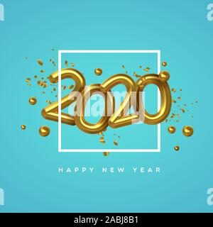 Bonne année 2020, carte de voeux 3d'or numéro date de calendrier avec l'interlocuteur et confettis décoration d'or. Typographie de luxe signe pour maison de vacances célébrat Illustration de Vecteur