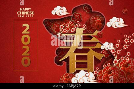 2020 Carte de vœux du Nouvel An chinois de zodiaque avec coupe en papier. Année du rat. Ornement rouge et or.Concept pour maison de modèle de page, décor el Illustration de Vecteur