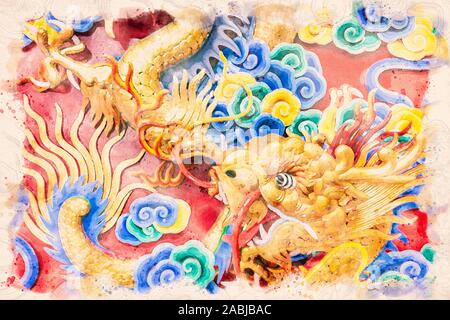 Dragon chinois avec de l'eau effet peinture illustration pour les œuvres d'art asiatique de conception de carte postale. Banque D'Images