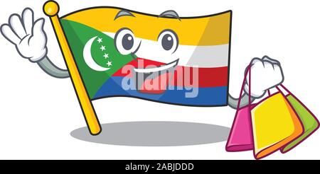 Comores drapeau joyeux personnage agitant et holding Shopping bag Illustration de Vecteur