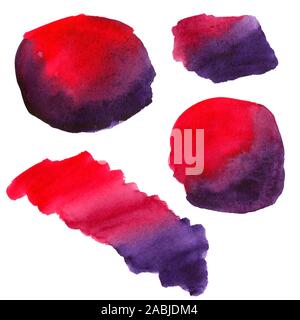 Ensemble de taches d'aquarelle abstraite isolé sur fond blanc. Coup de pinceau à la main. Splatter gradient rose et pourpre. Toile lumineuse avec l'exemplaire Banque D'Images
