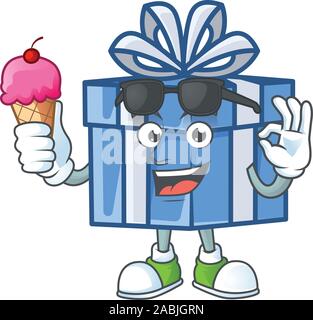 Mascot character avec boîte cadeau bleu avec de la crème glacée Illustration de Vecteur