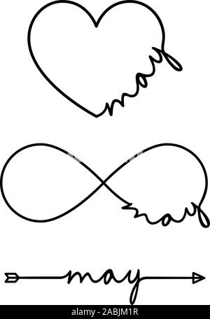 Mai - mot avec symbole de l'infini, dessinés à la main, cœur, une flèche noire ligne. Le dessin minimaliste de phrase illustration Illustration de Vecteur