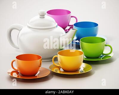 Service à thé aux couleurs éclatantes avec des ombres douces. 3D illustration. Banque D'Images