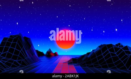 Style rétro années 80 paysage futuriste avec néon rouge soleil sur l'horizon et polygonales grille brillante pour partie affiche, un dépliant ou DJ mix couvrir Illustration de Vecteur
