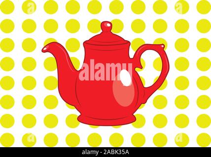 Vector illustration stylisée d'un mignon petit pot de thé rouge sur un fond bleu à pois jaune. Banque D'Images