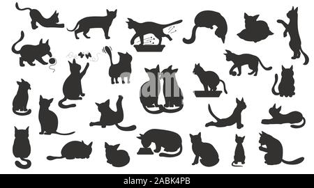 Cartoon chat silhouettes collection caractère. Cat's différentes poses, le yoga et les émotions. Black style design. Vector illustration Illustration de Vecteur