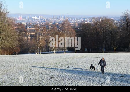 Man Walking dog à Queen's Park dans la ville de Glasgow sur un matin ensoleillé au-dessous de zéro.Ecosse, Royaume-Uni, l'Europe. Banque D'Images