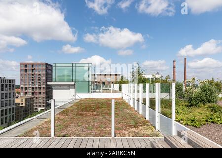 Eindhoven (Pays-Bas), le 6 juin 2019. Vue depuis le jardin sur le toit à Strijp S pour l'Veemgebouw et les nouveaux bâtiments avec un ciel bleu dans un ciel ensoleillé Banque D'Images