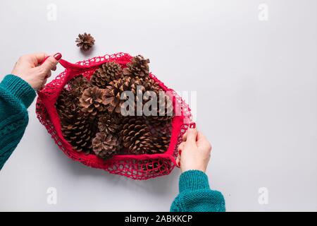 Femme hands holding sac-filet avec zéro déchets Noël décoration, cadeaux faits main pour cônes naturels et DIY. Eco Friendly et zéro déchets Noël. Banque D'Images