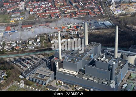 Photographie aérienne de la production combinée de chaleur et d'électricité du nord de Munich à Unterföhring. [Traduction automatique] Banque D'Images