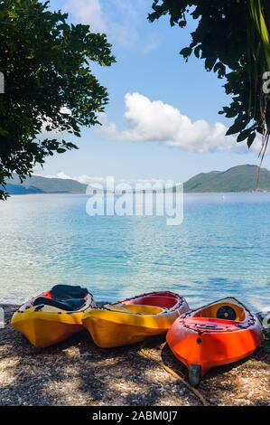 Trois kayaks colorés sur une plage tropicale Banque D'Images