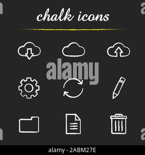 Chalk Cloud computing icons set. Stockage de données en ligne. Télécharger et télécharger des flèches, paramètres, actualiser, modifier, Nouveau dossier et document, supprimer sym numérique Illustration de Vecteur