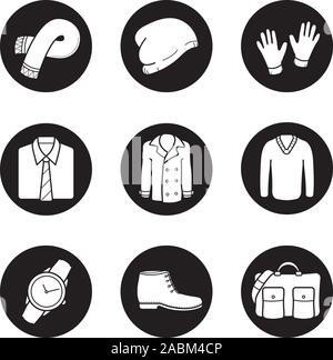 Vêtements et accessoires pour hommes icons set. Écharpe d'hiver, chapeau, gants, chemise et cravate, manteau, pull, montre bracelet, boot, sac à main. Blanc Vector illustratio Illustration de Vecteur