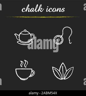 Chalk thé icons set. Théière boule à boule, tasse fumante, feuilles de thé en vrac des illustrations. Dessins tableau vecteur isolé Illustration de Vecteur