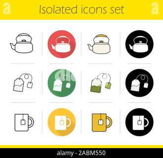 Plateau icons set. Modèle plat, linéaire, noir et couleurs. Électrique classique, vert sachet de thé, mug avec étiquette de sac. Illustrations vectorielles Illustration de Vecteur