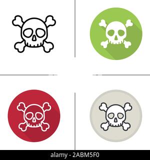 Crâne avec os en icône. Modèle plat, linéaire et de couleurs. Symbole de mort. Panneau d'avertissement poison. Illustrations vectorielles Illustration de Vecteur