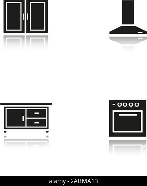 Cuisine intérieur ombre portée icônes noires. Hotte de cuisine, cuisinière, cuisine et le cabinet. Illustrations vectorielles Illustration de Vecteur