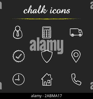 Service de livraison de la craie icons set. Manager, calculatrice, camion de livraison, signe approuvé, bouclier, gps pinpoint, réveil, chambre, nous contacter symbole illustrati Illustration de Vecteur