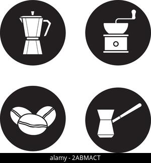 Kit de préparation du café. Pot de Moka, café classique, bain turc cezve, grinder et les haricots. Vector blanc Illustrations en cercles noirs Illustration de Vecteur