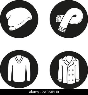 Automne vêtements chauds icons set. Bonnet, écharpe, gilet, manteau. Pull et veste. Vector blanc Illustrations en cercles noirs Illustration de Vecteur