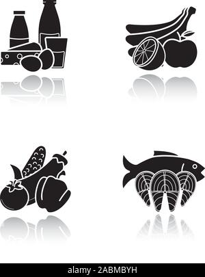 Produits épicerie icons set noir ombre portée. Catégories d'aliments. Produits laitiers, fruits de mer, fruits et légumes. Illustrations vectorielles Illustration de Vecteur