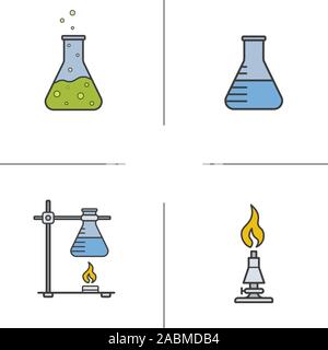 Laboratoire de chimie de l'école d'icônes de couleur. Bécher avec liquide, support à anneau avec ballon, brûleur de laboratoire, réaction chimique. Illustrations vectorielles Illustration de Vecteur