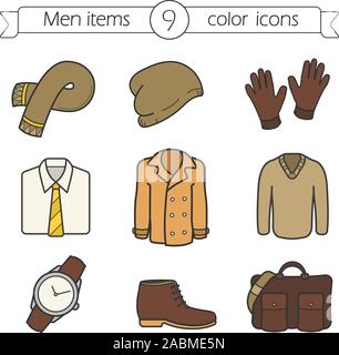 Vêtements et accessoires pour hommes color icons set. Écharpe, bonnet, gants, chemise et cravate, veste, gilet, montre-bracelet, boot, sac. La mode d'automne. Ve isolés Illustration de Vecteur