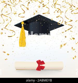Bannière de félicitations avec un diplôme d'études supérieures, de la pac et la baisse des confettis d'or Illustration de Vecteur