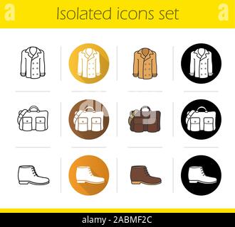 Icons set accessoires de l'automne. Modèle plat, linéaire, noir et couleurs. Veste, sac en cuir et d'amorçage. Vêtements pour hommes. Illustrations vectorielles Illustration de Vecteur