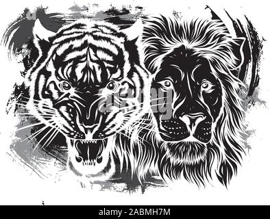 Jeu de motifs colorés vecteur broderie avec lion, le japonais Tiger, Leopard. Illustration de Vecteur